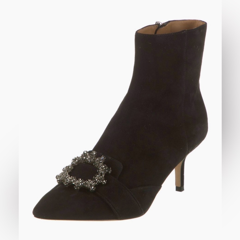TORY BURCH Crystal Buckle Bootie Sz 6.5 Black Suede Ankle Boots Embellished - Picture 2 of 6